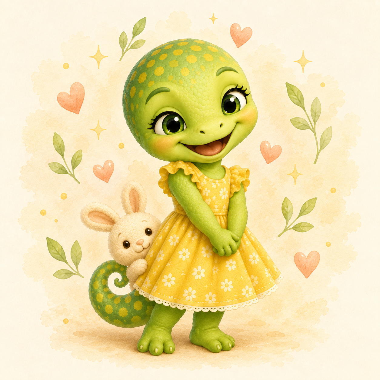 Liri smiling in her yellow floral dress with Snuggie Bunny peeking nearby