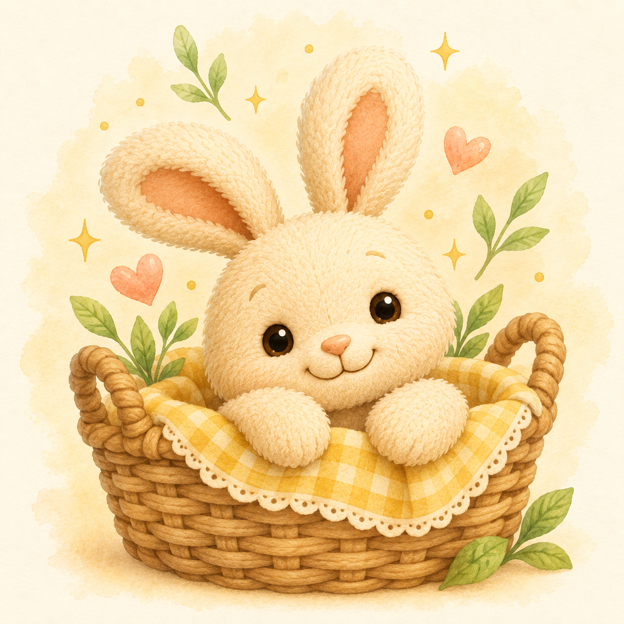 Snuggie Bunny peeking from a cozy woven basket